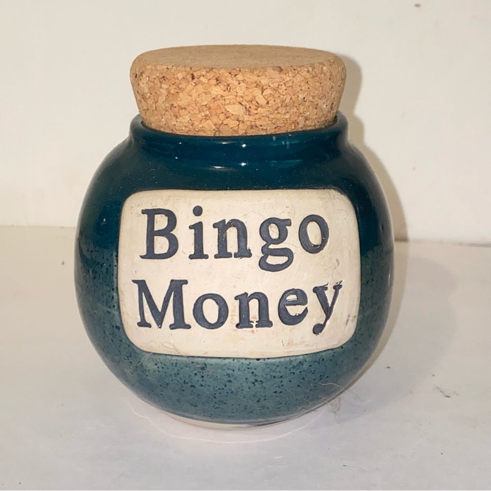 Tumbleweed Pottery Handcrafted Blue Bingo Money Jar with Cork Lid
